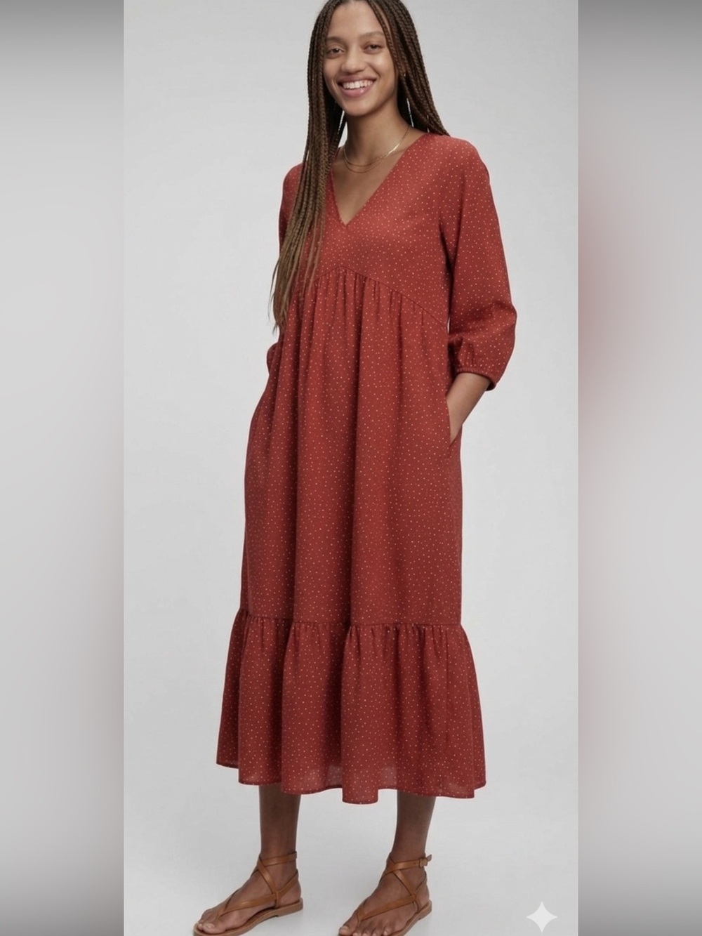 GAP Polka Dot Puff Sleeve Babydoll Midi Dress Size Large Red Tiered Ruffle Hem - Picture 12 of 12